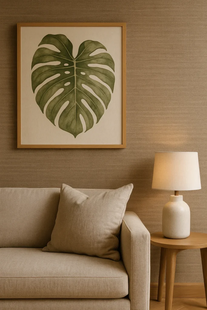 Moderne woonkamerwand met trendbehang in natuurlijke kleuren en structuren.