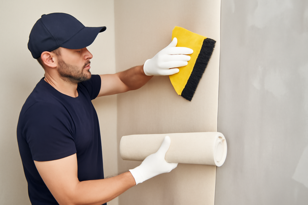 Professionele foto van een muur die perfect wordt behangen door een vakman.