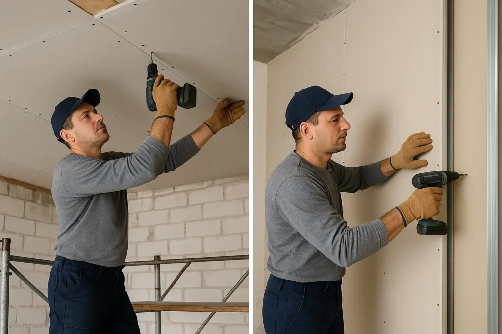 Montage van gipsplaten aan plafond en wand: vakman op steiger schroeft plaat tegen plafond, dezelfde vakman bevestigt plaat verticaal op wand.