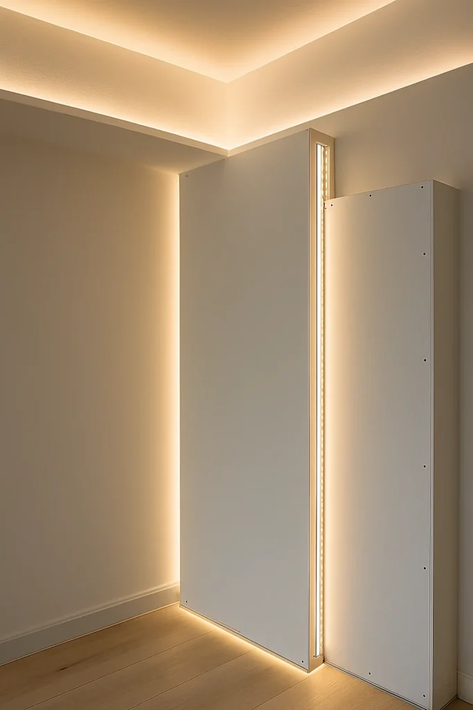 Modern wit interieur met indirecte LED-verlichting in plafond en wandpanelen