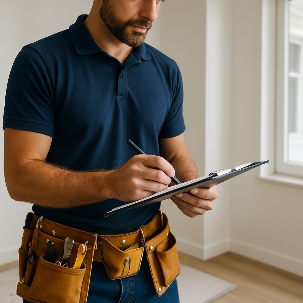 Klusser met gereedschapsgordel die notities maakt op een clipboard tijdens een woninginspectie.