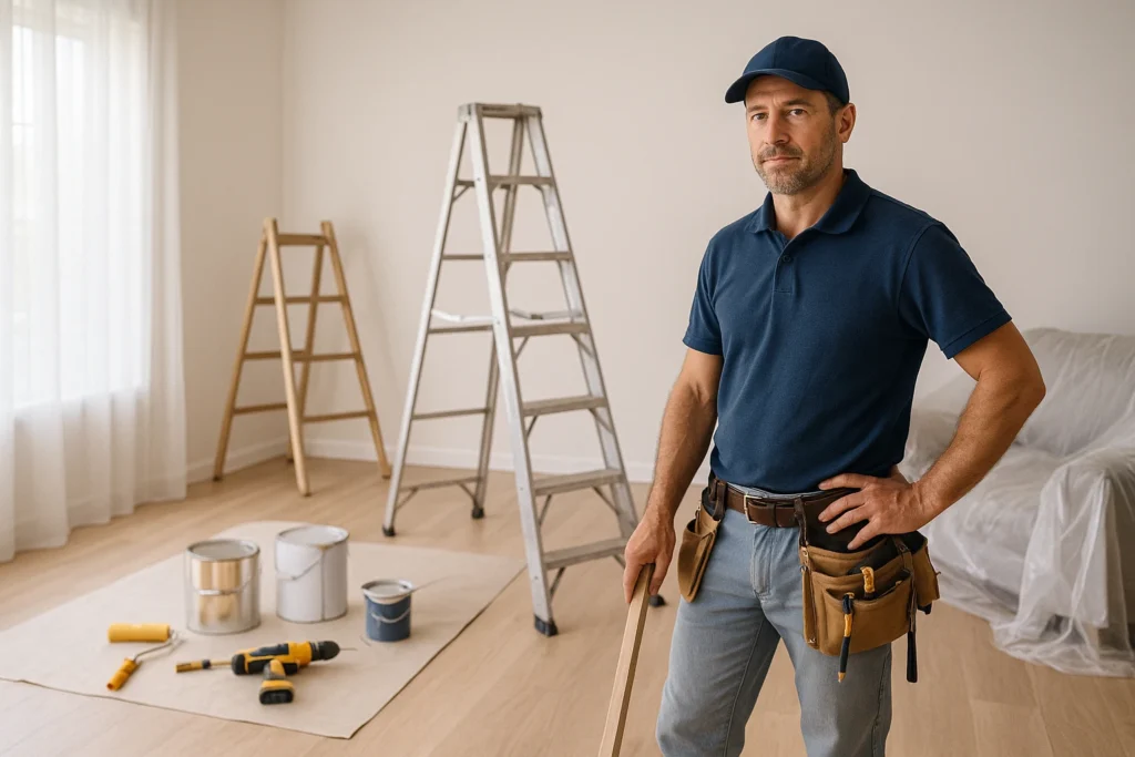 Vakman aan het werk tijdens renovatie in een woning met ladders en gereedschap.