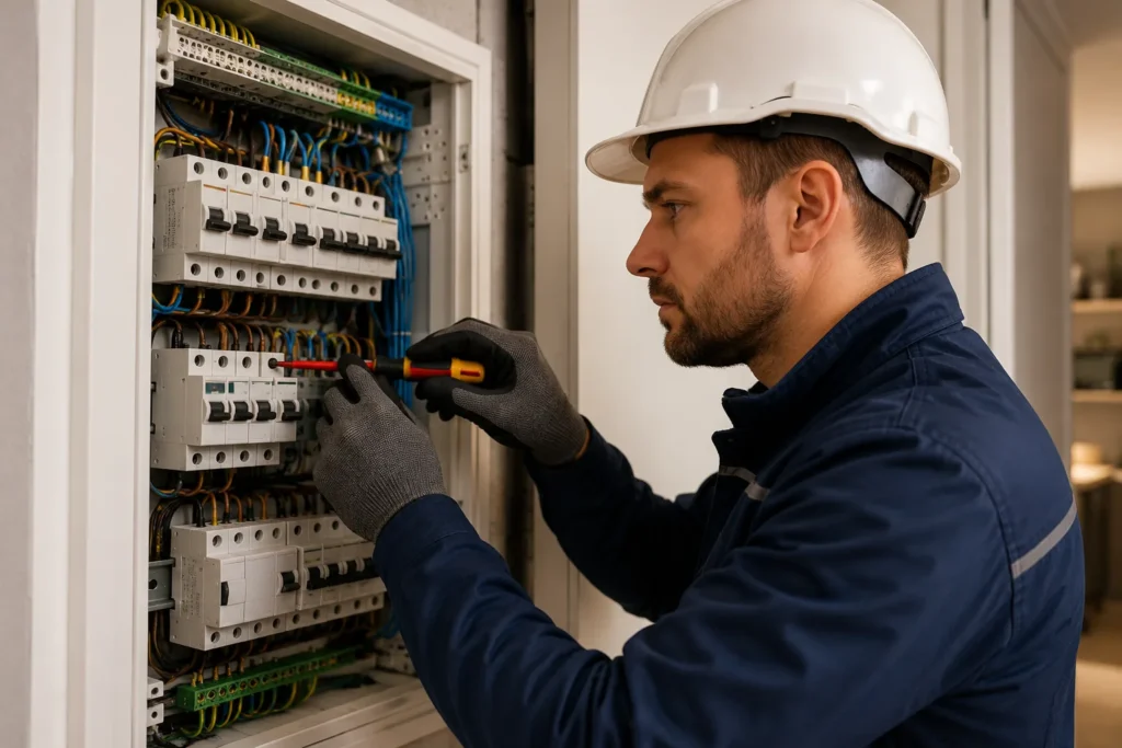 Elektricien Gorinchem werkt aan een moderne meterkast met groepen, bedrading en veilige elektrische aansluitingen.