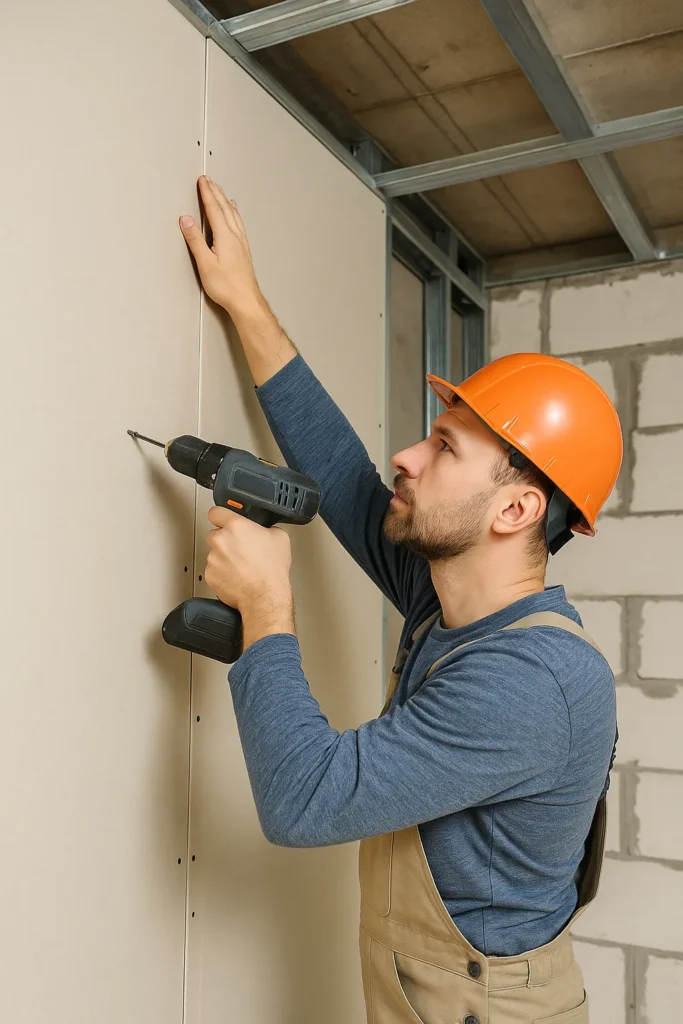 Monteur bevestigt een gipsplaat tegen een binnenwand met een accuschroefmachine tijdens de afbouw van een woning.
