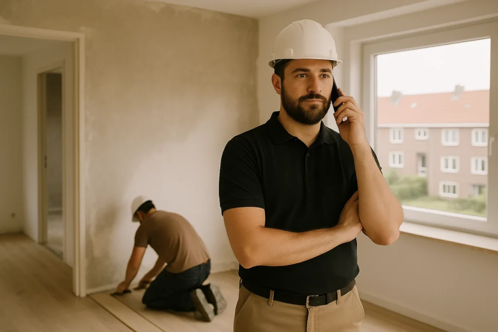 Professionele uitvoerder met bouwhelm die belt tijdens renovatiewerk, terwijl een collega de vloer installeert.