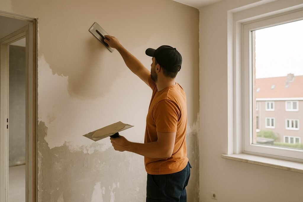 Bouwvakker met bouwtekening wijst naar een wand in een ruimte die wordt gerenoveerd.