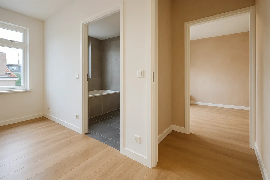 Gerenoveerde woning met licht laminaat, gestucte muren en moderne grijze badkamervloer