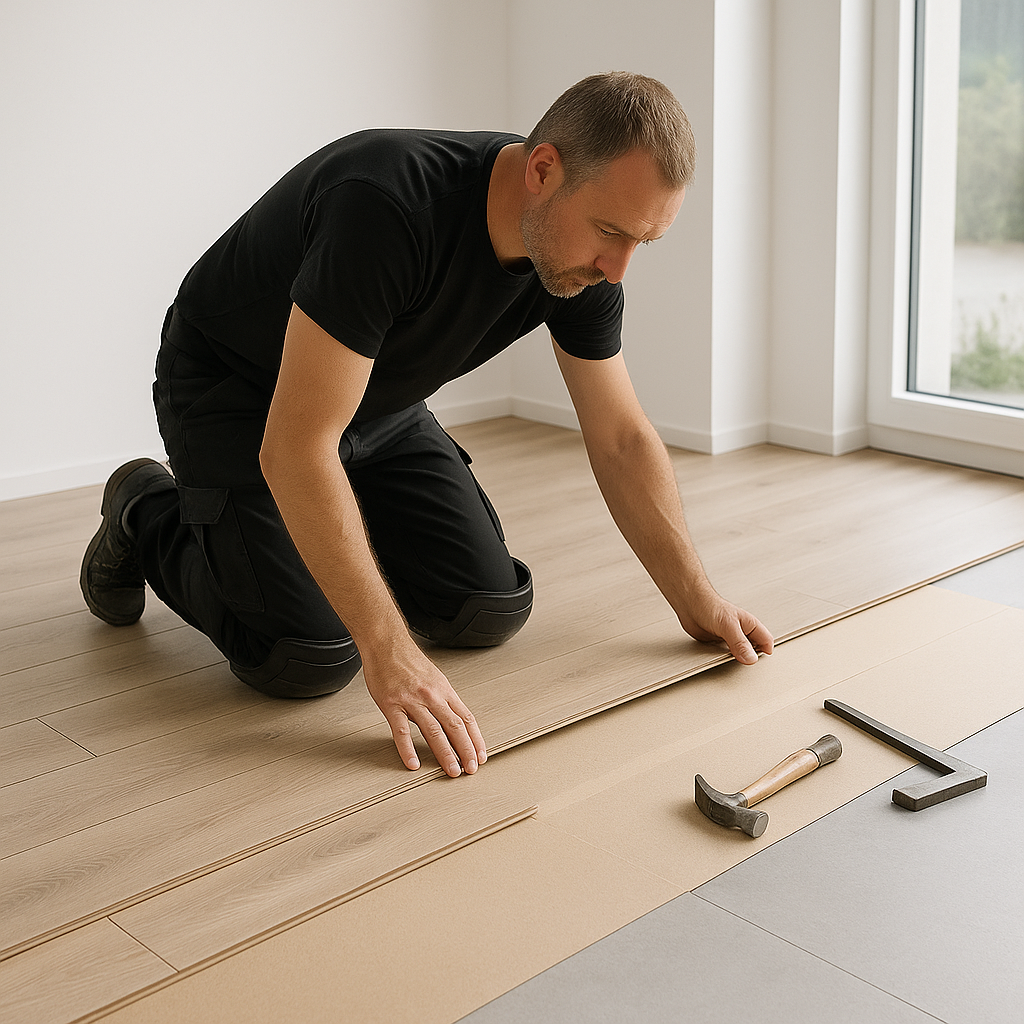 Vakman legt laminaatvloer zorgvuldig in een lichte moderne kamer met gereedschap op de grond.