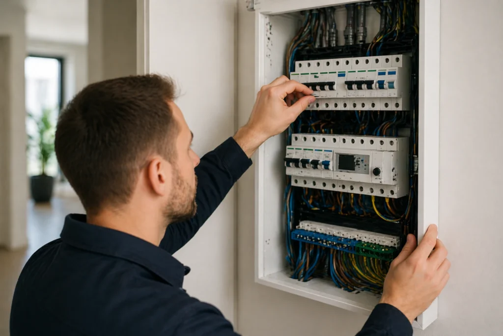 Elektricien controleert meterkast en schakelt zekeringen voor veilige stroomverdeling in woning