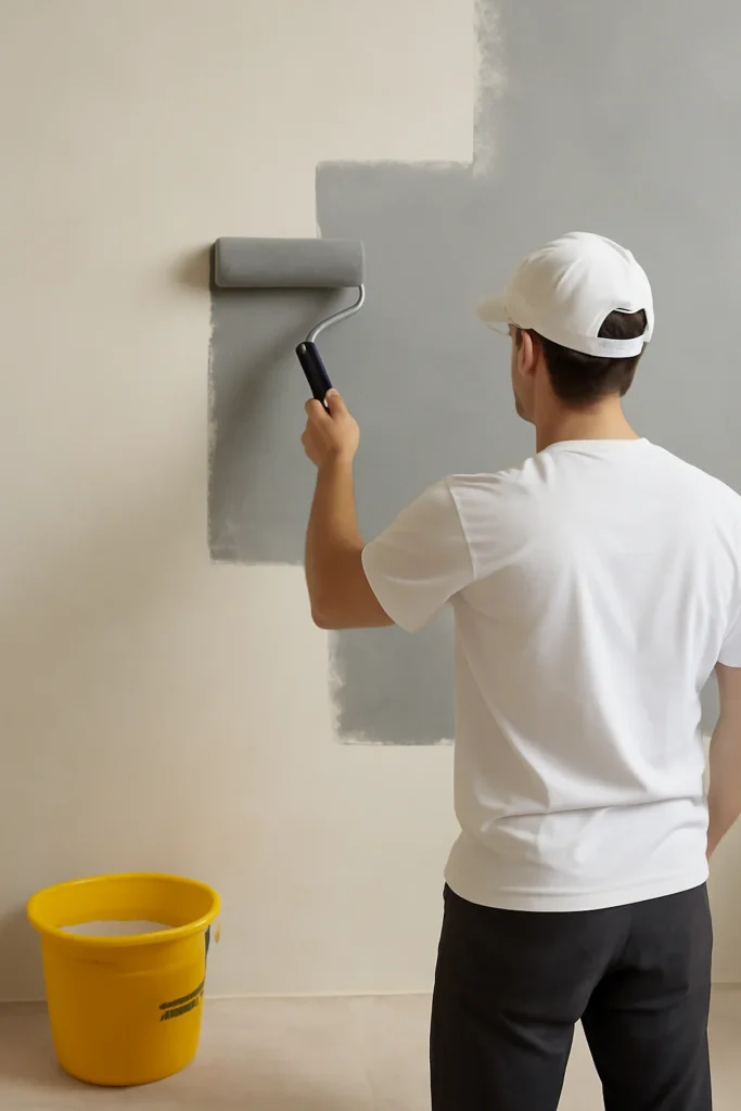 Man schildert woonkamerwand in two-tone stijl met zachte groene en beige tinten
