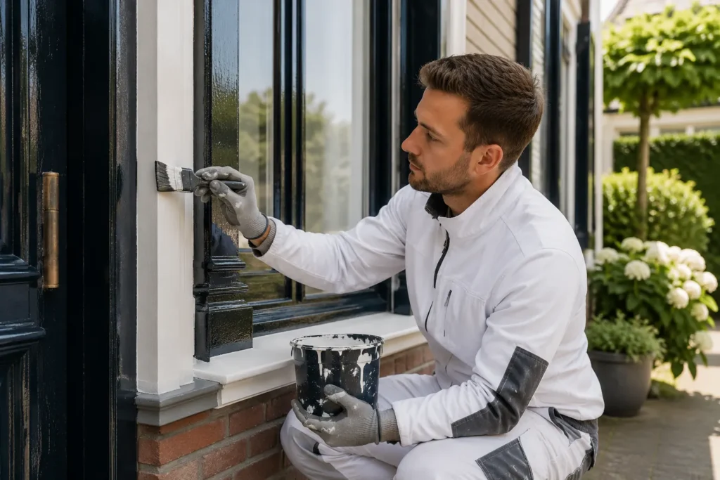 Schilder voert schilderwerk uit aan kozijnen van een woning in Gorinchem