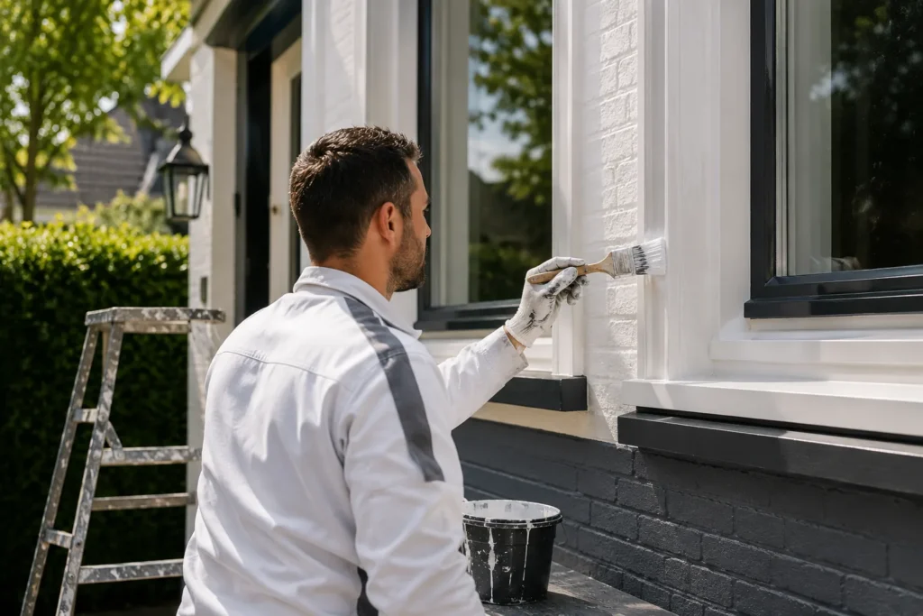 Professionele schilder schildert kozijnen van een woning tijdens schilderwerk in Gorinchem