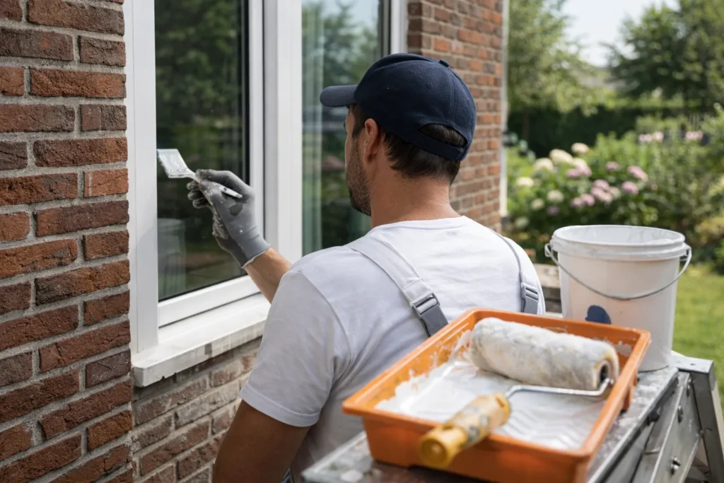 Schilderwerk Gorinchem waarbij een vakman een houten kozijn beschermend schildert
