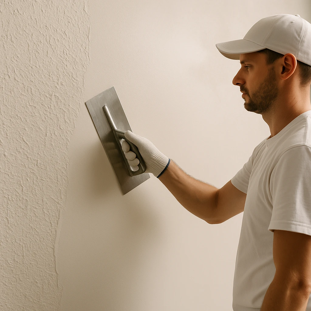 Stukadoor brengt glad stucwerk aan op een binnenmuur met een metalen spaan.