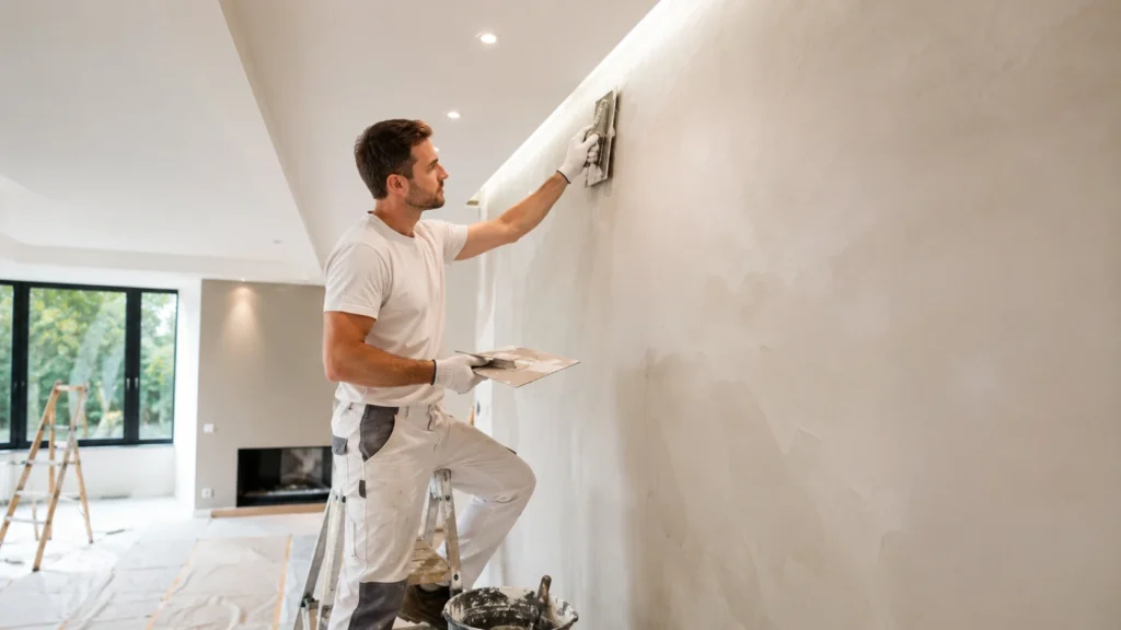 Stukadoor Gorinchem werkt strak stucwerk af op een muur in een moderne woning