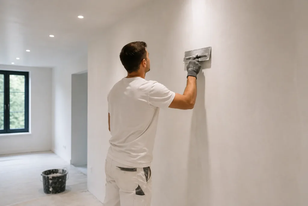 Stukadoor in Gorinchem brengt strak stucwerk aan op een moderne witte muur
