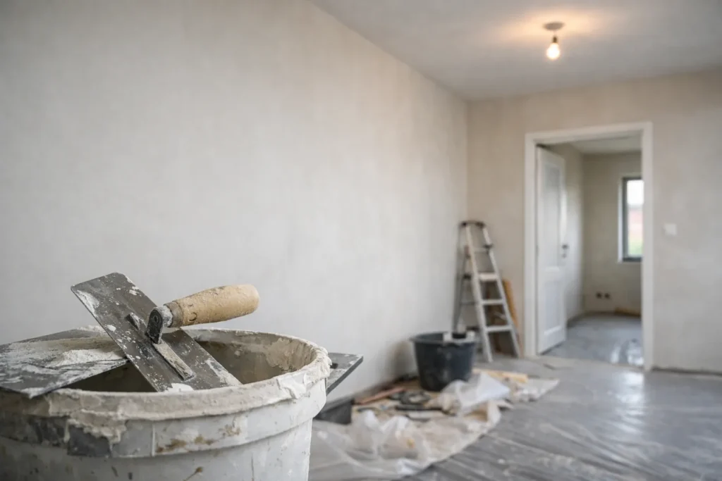 Stukadoor Gorinchem werkt aan een strakke en egale wandafwerking in een moderne woning.
