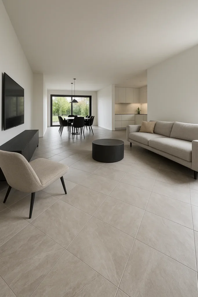 Ruime living met diagonaal gelegde beige vloertegels die de open woon- en eetruimte optisch verbinden.