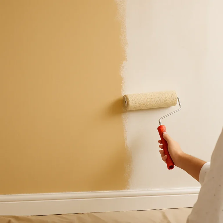Persoon schildert een binnenmuur met een beige verfroller; de linkerhelft is al geverfd, de rechterhelft nog wit.