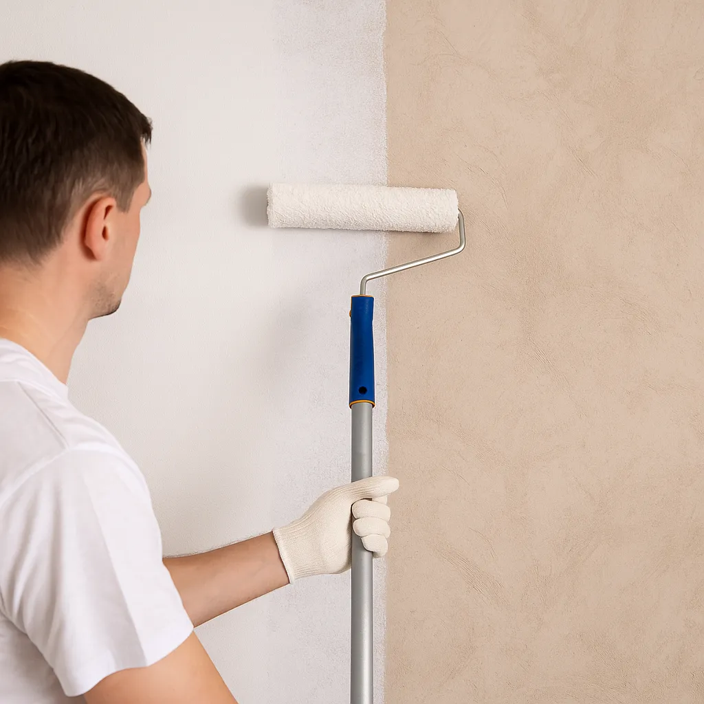 Schilder brengt primer aan op een muur met een roller, zichtbaar verschil tussen behandelde en ruwe zijde.