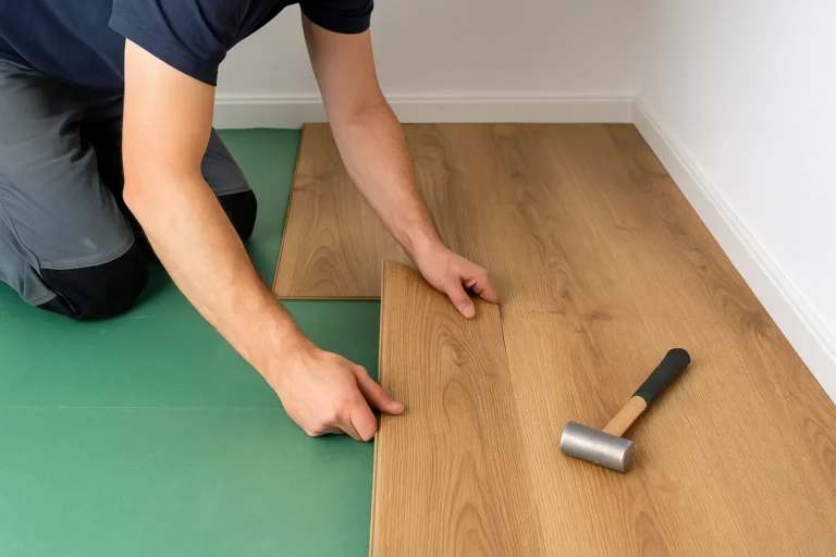 Werknemer legt laminaatplanken op een groene ondervloer met een hamer naast zich, in een ruimte met witte muren.