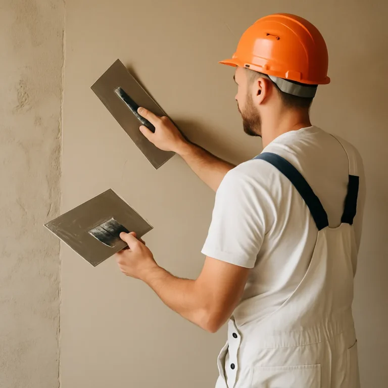 Stukadoor in witte overall en oranje helm brengt beige pleisterlaag aan op binnenmuur met stalen spaan.