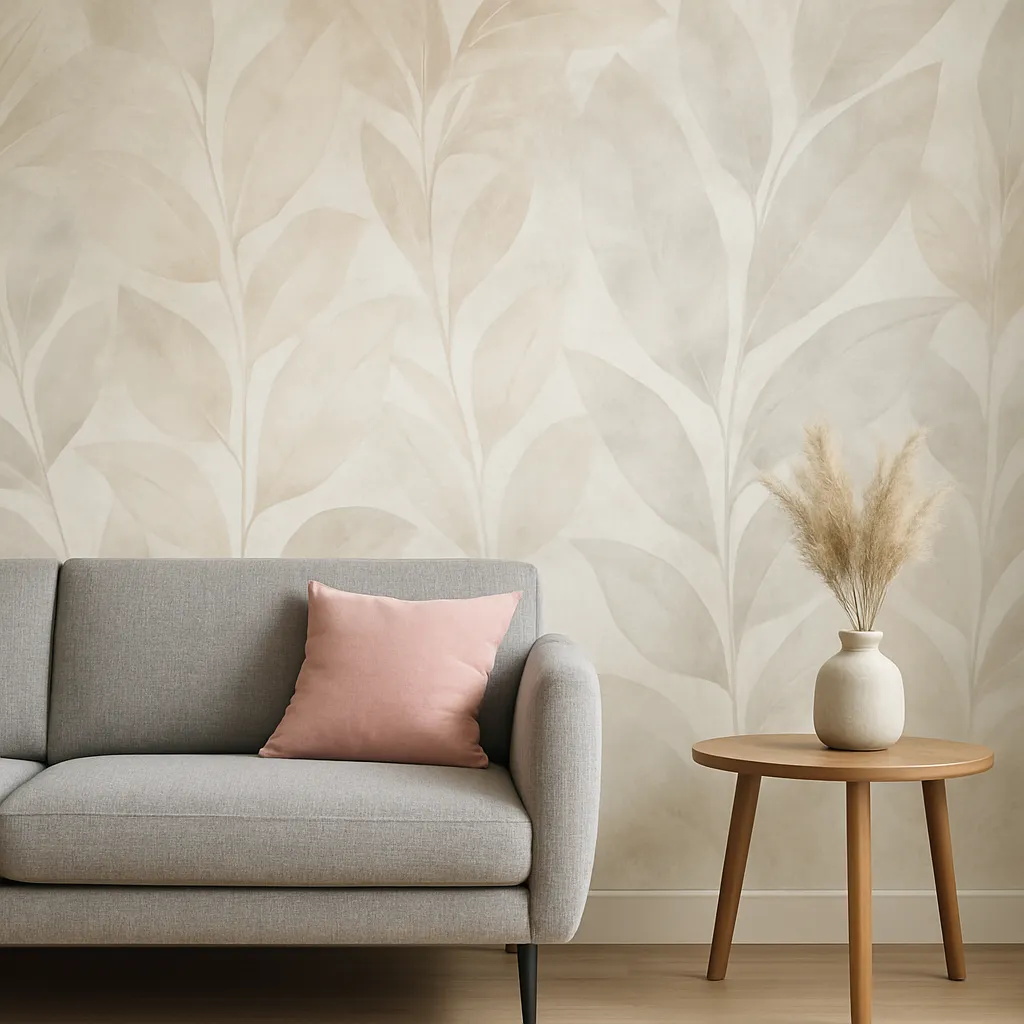 Moderne woonkamerhoek met botanisch behang in beige tinten, een grijze bank met roze kussen en houten bijzettafel met vaas pampasgras