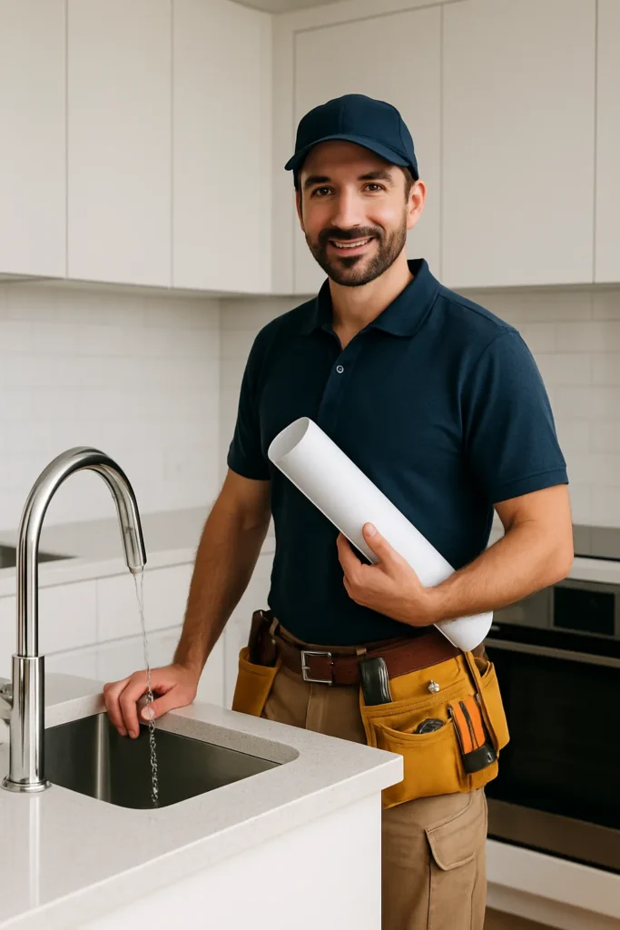 Handige klusjesman met bouwplan bij moderne keuken met stromende kraan