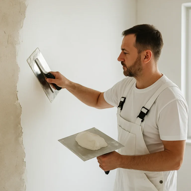 Stukadoor brengt met een spaan pleister aan op een binnenmuur in een modern interieur
