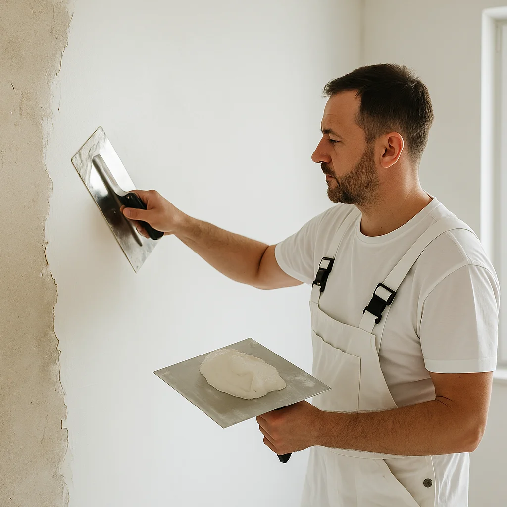 Stukadoor brengt met een spaan pleister aan op een binnenmuur in een modern interieur