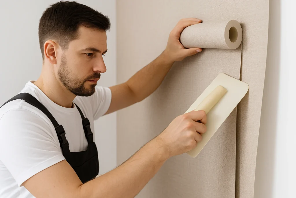 Professionele behanger brengt zorgvuldig behang aan op een muur in een moderne woning.