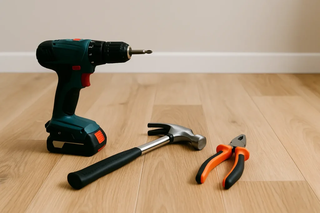 Gereedschap op houten vloer: accuboormachine, hamer en tang – symbool voor kluswerkzaamheden