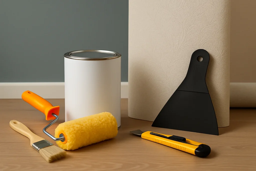 (Vergelijking van verf- en behanggereedschap op een houten vloer, met links een verfroller en pot, en rechts een rol behang met snijgereedschap