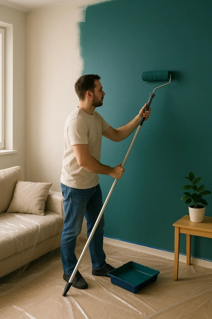 Man schildert een muur in een moderne woonkamer met een verfroller in een blauwgroene kleur.