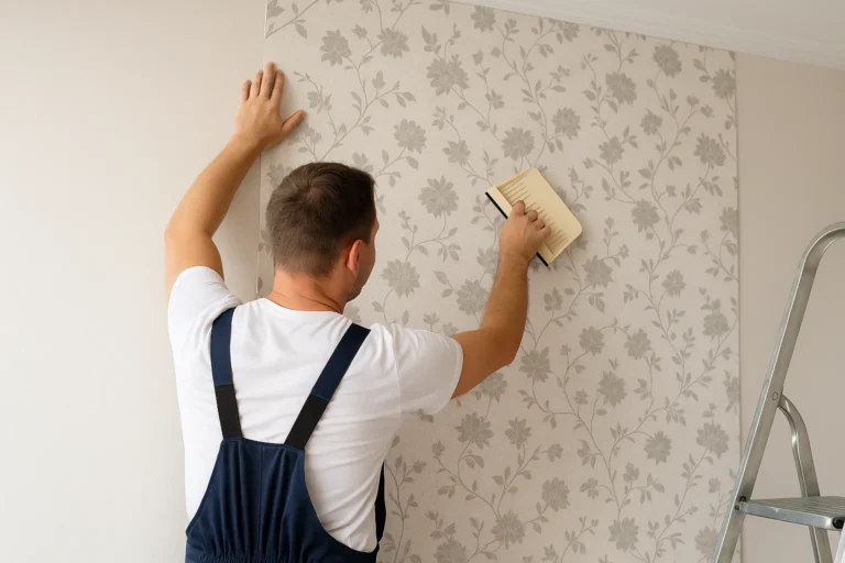 Een professionele behanger brengt behang met bloemenpatroon aan op een muur in een lichte ruimte