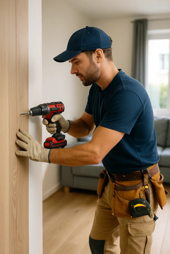 Close-up van een vakman die een houten wandpaneel vastschroeft met een accuboormachine in een moderne woonkamer