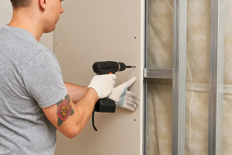 Gipsplaten worden geplaatst op metalen frame door een vakman met schroefmachine