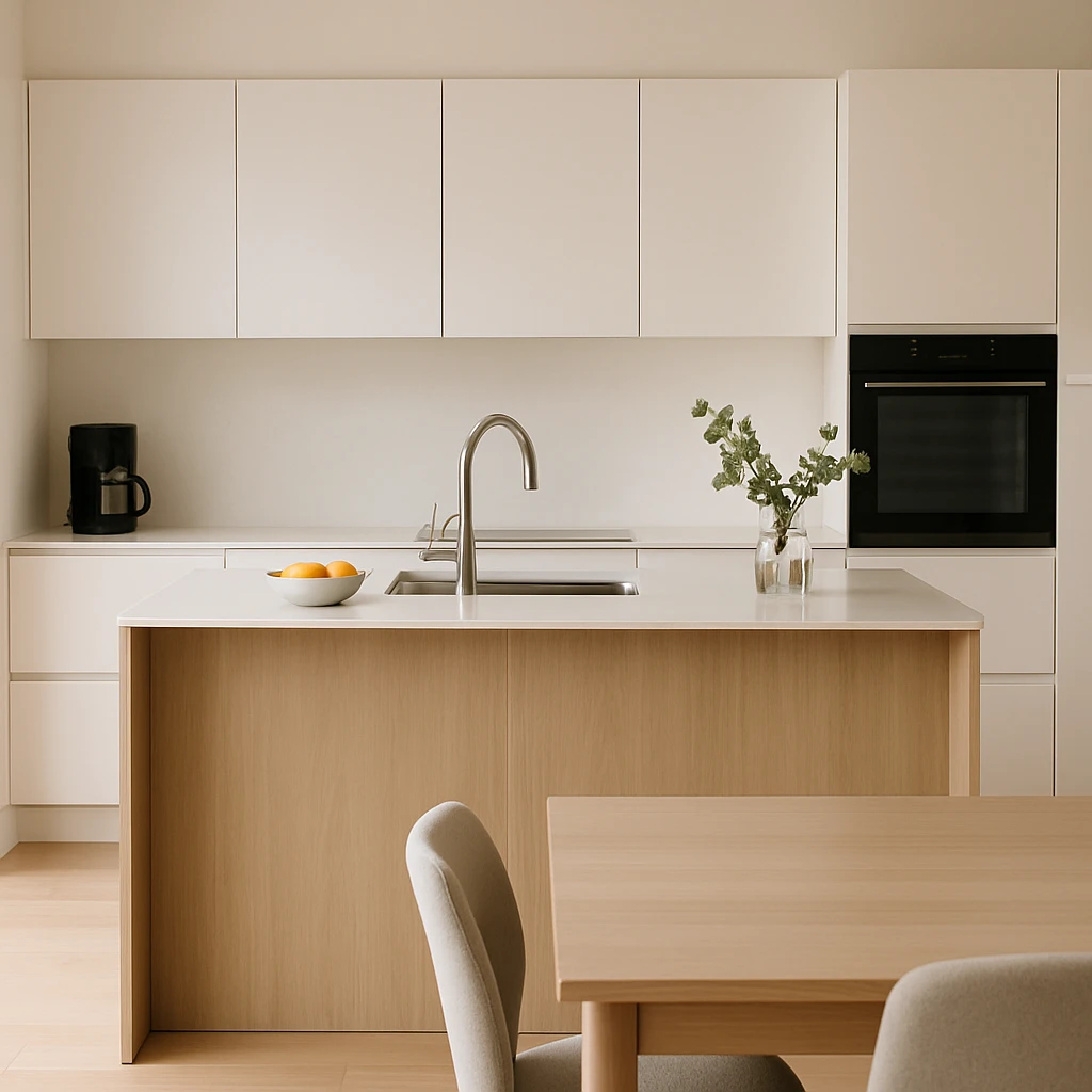 Strakke moderne keuken met licht houten eiland, witte kasten en geïntegreerde apparatuur
