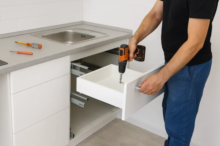 Keukenmontage waarbij een vakman een lade installeert met een accuboormachine