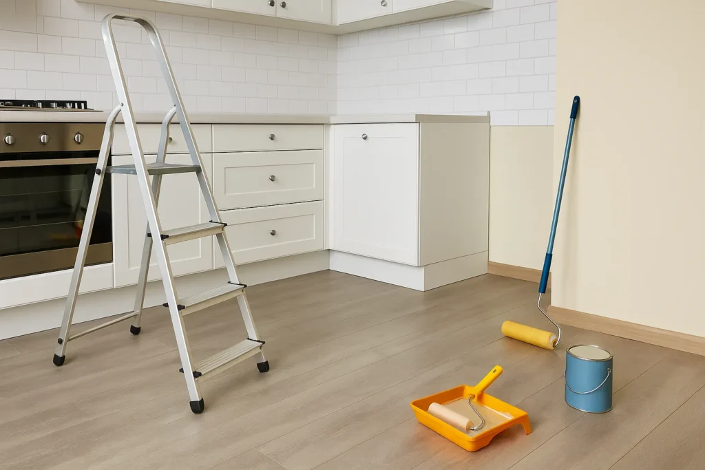Een moderne keuken met witte kastjes, nieuwe vloer en schildergereedschap tijdens renovatie