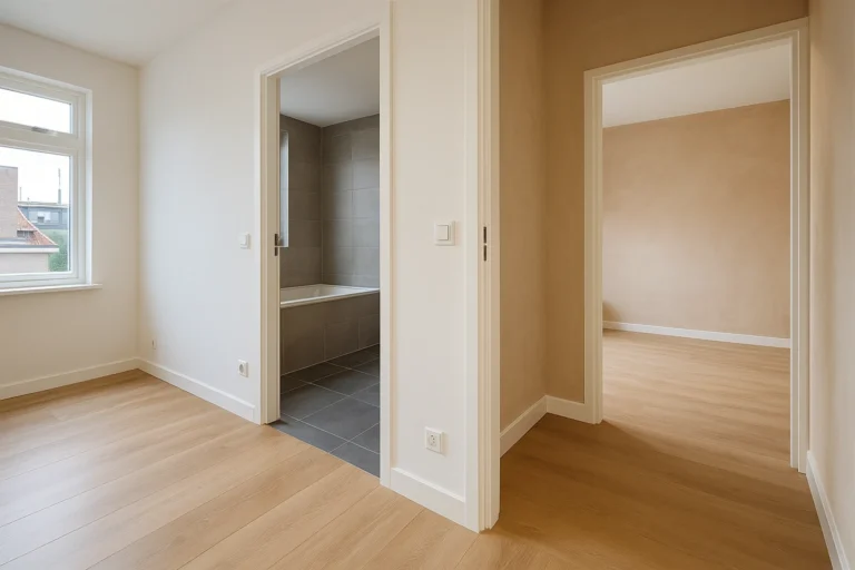 Gerenoveerde woning met licht laminaat, gestucte muren en moderne grijze badkamervloer
