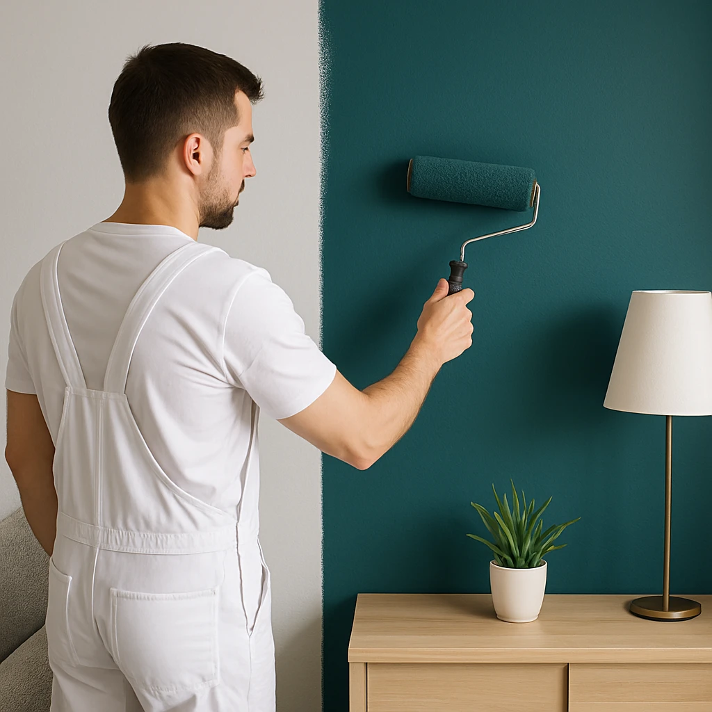 Man schildert een muur in een diepe teal accentkleur in een moderne woonkamer.