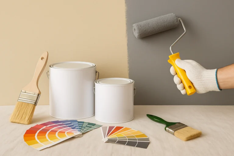 Muur in twee kleuren wordt geschilderd met roller, verfpotten en kleurenwaaiers op de voorgrond