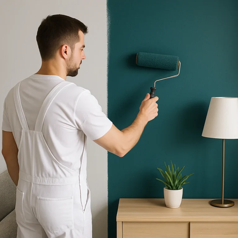 Man schildert een muur in een diepe teal accentkleur in een moderne woonkamer.