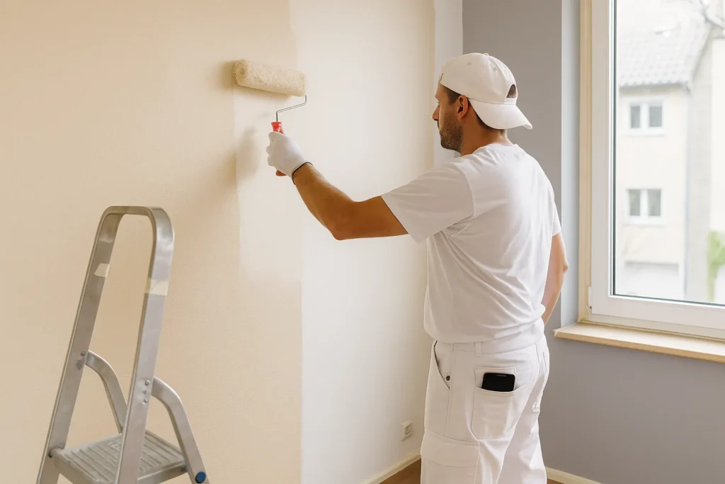 Een professionele schilder brengt met een roller lichte verf aan op een muur naast een raam in een goed verlichte kamer