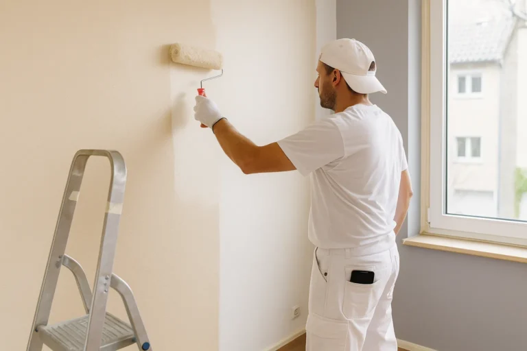 Een professionele schilder brengt met een roller lichte verf aan op een muur naast een raam in een goed verlichte kamer
