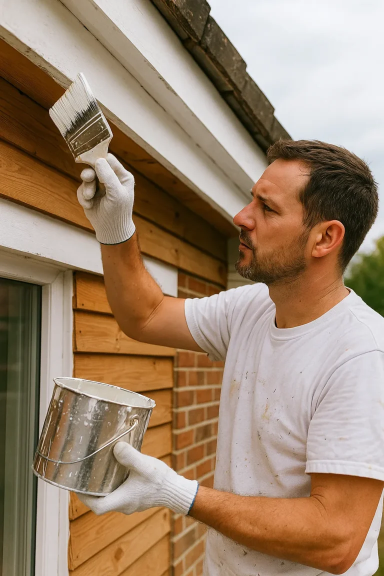 Professionele schilder verft houten kozijn buiten met kwast; ladder en houten gevel zichtbaar; realistische foto zonder tekst
