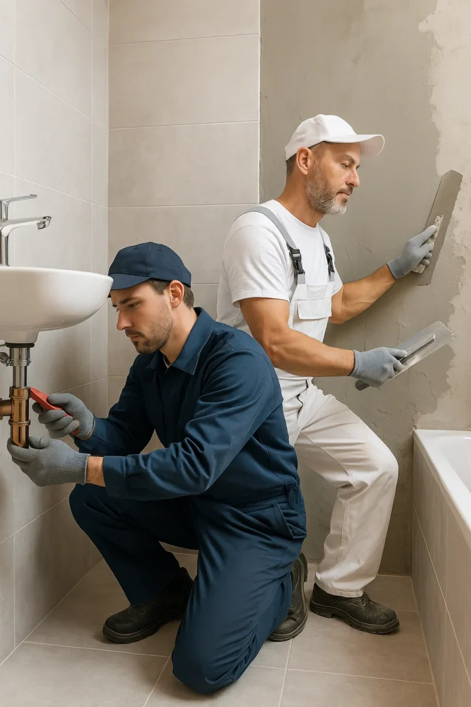 Plumber en stukadoor werken gelijktijdig aan leidingen en wandafwerking in een badkamer