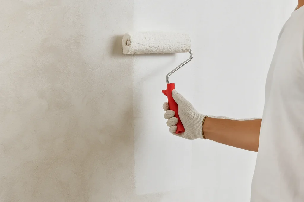 Afbeelding van een vakman die voorstrijk aanbrengt op een binnenmuur met een roller, zonder zichtbare tekst of storende elementen