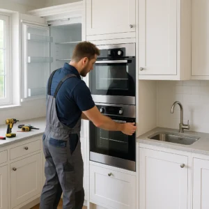 Monteur plaatst een inbouwoven en koelkast in een moderne, witte keuken tijdens de montage.